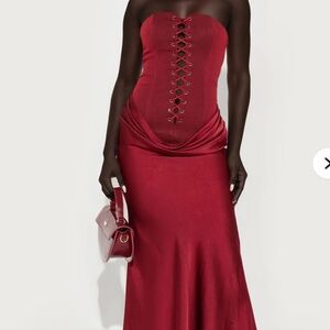 Fashion Nova Red Lace-Up Maxi Dress